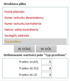 Definiowanie formatu pola specyficzne dla ZUS i US Aby format mógł być wykorzystany do zlecania przelewów do ZUS / US należy w formacie wykorzystać pole Typ przelewu.