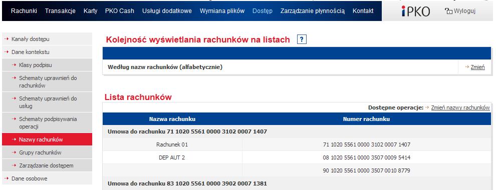 Sortowanie rachunków W systemie ipko biznes istnieją dwa podstawowe ustawienia sortowania rachunków na listach: domyślne, oznacza sortowanie rachunków według waluty, następnie typu rachunku, a na