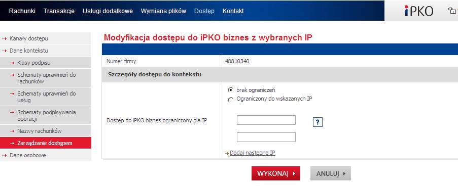 Po wybraniu opcji Zmień na ekranie zostaną wyświetlone szczegóły dostępu do kontekstu. Na tym etapie można wskazać adresy IP, z których będzie możliwy dostęp do ipko biznes dla danego kontekstu.