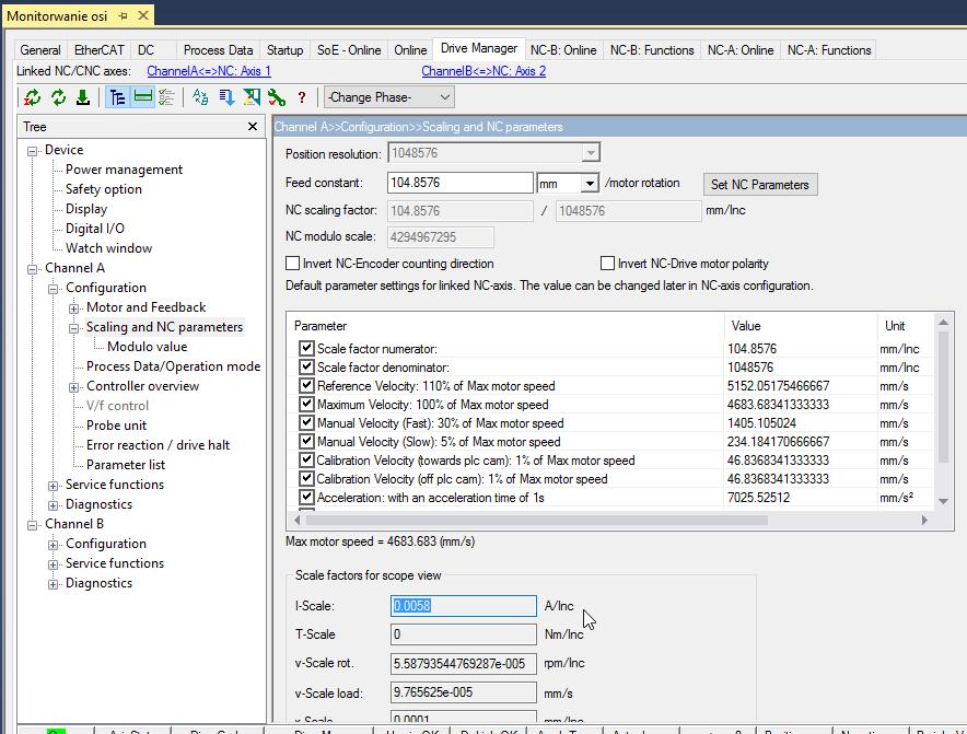 Scalling zmiennej Torque Zmienna Torque podawana jest w promilach (0,1%). Istnieje możliwość monitorowania parametru momentu w Amperach. W tym celu: 1.