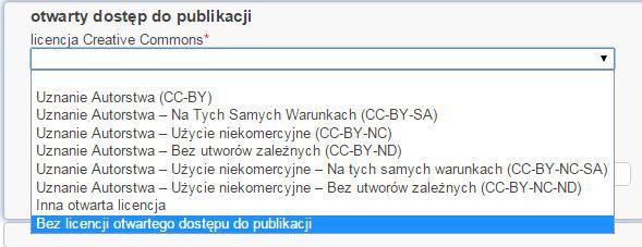 OTWARTY DOSTĘP DO PUBLIKACJI: LICENCJE Należy określić licencję, na jakiej publikacja jest udostępniona Jeśli publikacja chroniona jest copyrightem, a żadna jej wersja nie znajduje się w wolnym