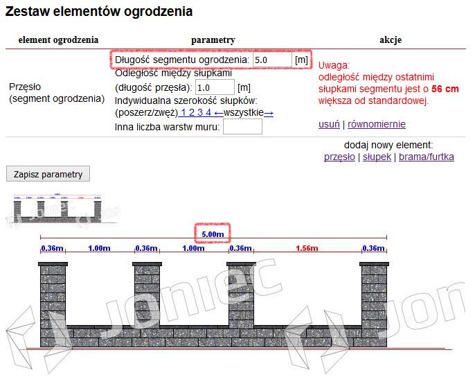 Rys. 60 Odległość między słupkami oznacza odstęp jaki chcesz uzyskać pomiędzy słupkami. Podana odległość jest zachowana dla wszystkich przestrzeni między słupkowych, poza ostatnim przęsłem [Rys.61].