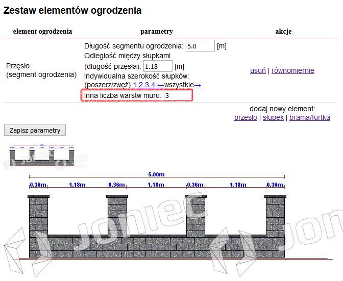 Parametr Inna warstwa muru daje możliwość ustawienia większej lub mniejszej ilości warstw podmurówki na pojedynczym segmencie ogrodzenia [Rys.65] niż liczba warstw określona w oknie Rodzaj ogrodzenia.