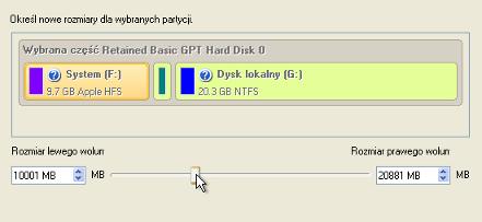 Na stronie powitalnej Kreatora, kliknij przycisk Dalej. 3. Kreator automatycznie wybierze partycję Windows (system plików NTFS) i Mac (system plików Apple HFS) w konfiguracji Boot Camp.