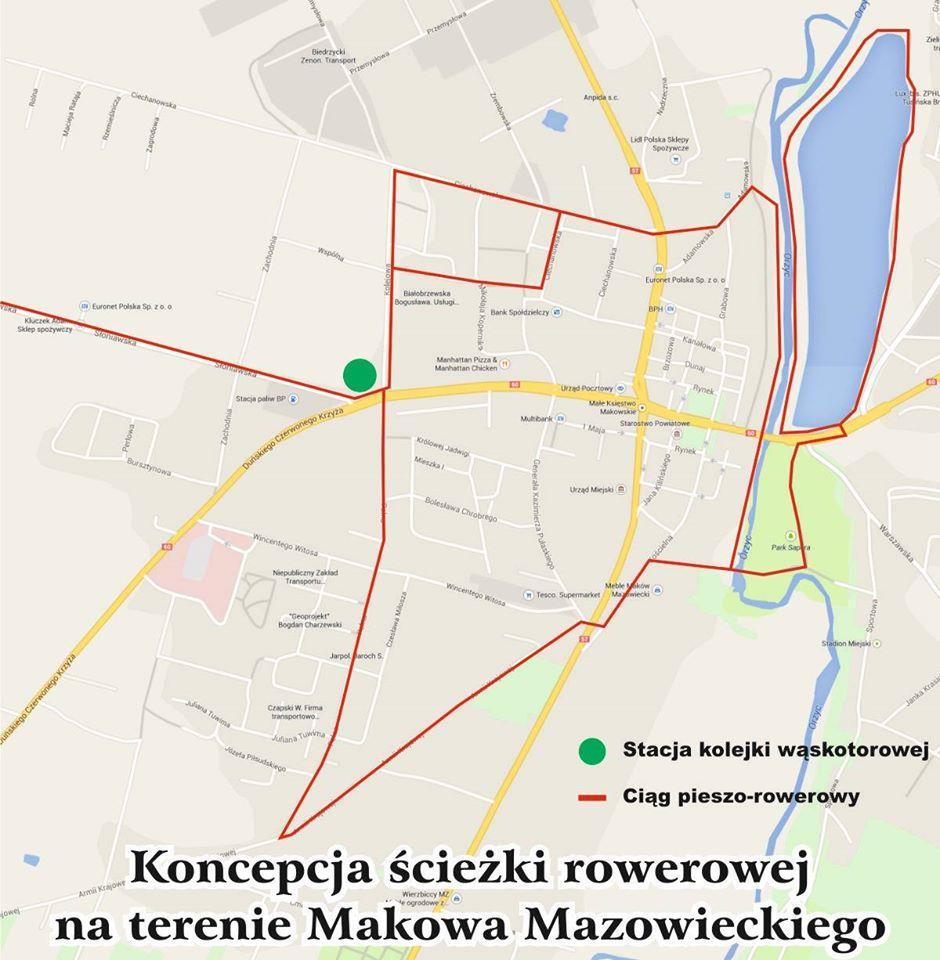 gdzie ciąg pieszo rowerowy umożliwiałby podróżowanie w dwóch kierunkach tj. naokoło Zalewu poprzez Park Sapera i w drugim kierunku ulicą Kościelną, Armii Krajowej, Polną do stacji.