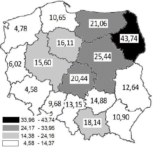 Cows per 100 ha of agricultural land in June 2012 by province Źródło: opracowanie własne na podstawie Banku Danych Lokalnych GUS Source: own study based on Local Data Bank GUS Rysunek 2b.