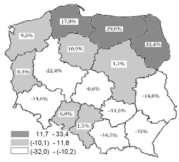 Changes in cows per 100 ha of agricultural land in 2004-2012 by province Mimo zmniejszania się pogłowia krów od 2004 roku wydajność mleczna krów ciągle wzrasta.