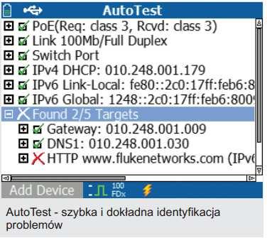 Ping i łączność portów TCP Weryfikacja łączności z kluczowymi urządzeniami za pomocą funkcji ping oraz testów łączności TCP. Urządzenia obsługiwane automatycznie to m.in. router, serwer DNS i serwer DHCP.