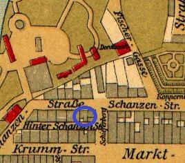 Fot.2. Olsztyn. Fragment planu miasta z 1913 r. autorstwa H. Bonka. Zaznaczono kamienicę datowana na okres przed 1890 r.
