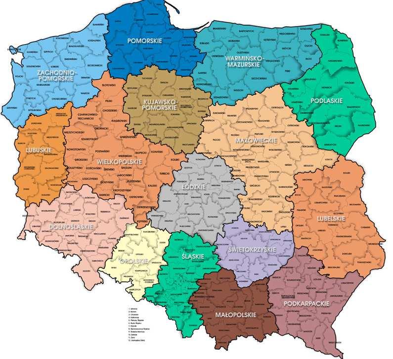 Dziennik Ustaw 30 Poz. 517 Rys. 7. Podział administracyjny Polski na województwa i powiaty. 4.4. Środki wdrożone w ramach programu 4.4.1. Środki i prawodawstwo w zakresie wpisu gospodarstw do rejestru Zgodnie z art.