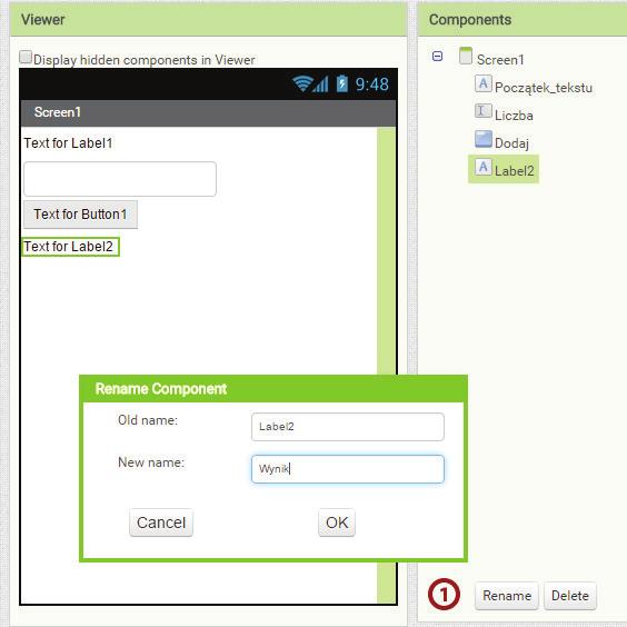 : MIT App Inventor 2 Kalkulator, część 1 Scenariusz 1 Teraz zmieńmy nazwy naszych komponentów na takie, które będą zgodne z ich przeznaczeniem.