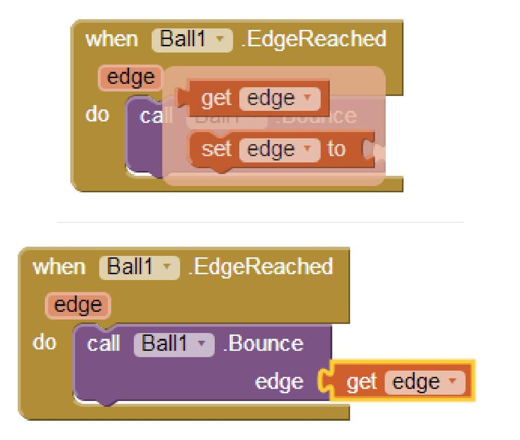 6. Ustaw wskaźnik myszy nad przyciskiem krawędzi (edge) w bloku when Ball1.EdgeReached, przeciągnij i zaczep element wartości krawędzi do bloku call Ball1.Bounce. 7.