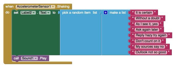 Programowanie aplikacji 1. W palecie bloków po lewej stronie kliknij komponent AccelerometerSensor i wyciągnij blok when AccelerometerSensor.Shaking. 2. Odłącz wszystkie bloki z wnętrza when Button1.