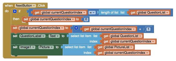 Jak działają bloki? Zmienna CurrentQuestionIndex służy jako indeks dla zmiennej QuestionList. Wartość CurrentQuestionIndex wynosi 1, aplikacja wybiera pierwsze pytanie i pierwsze zdjęcie.