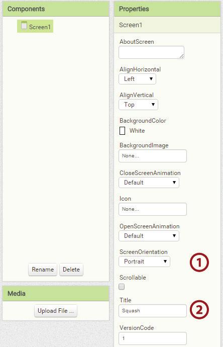 Squash w dwóch wariantach Scenariusz 2 Przejdźmy zatem do okna Properties i dla komponentu Screen1, w polu Screen Orientation (1) wybierzmy Portrait.