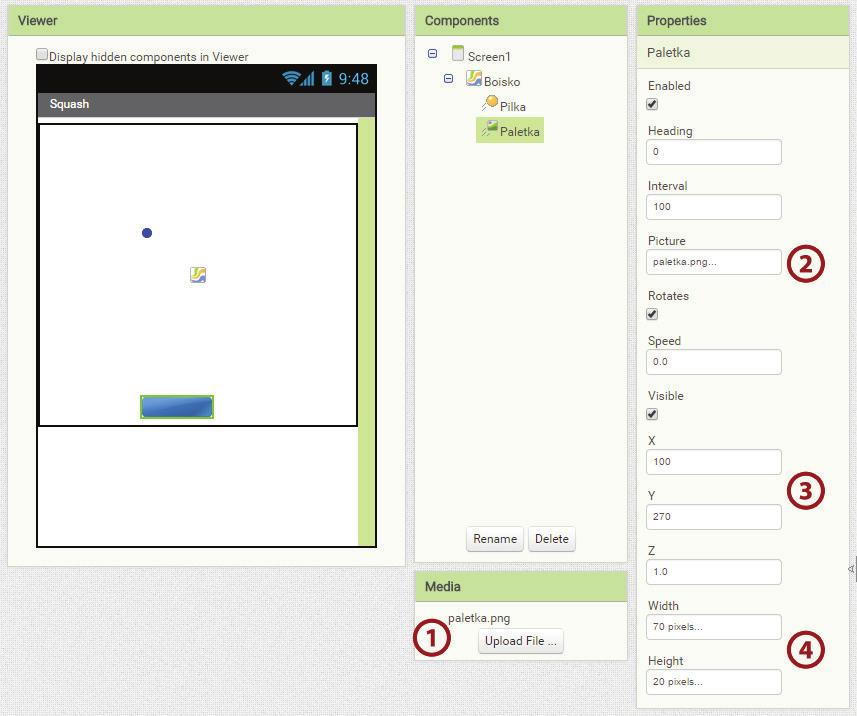 Squash w dwóch wariantach Scenariusz 2 Przejdźmy zatem do zmiany właściwości komponentu o nazwie Paletka.