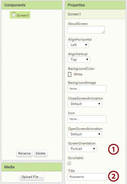 Rysowanie palcem po ekranie Scenariusz 3 2. Projektowanie interfejsu Na początek przejdźmy do okna Properties i dla komponentu Screen1 w polu Screen Orientation (1) wybierzmy Portrait.