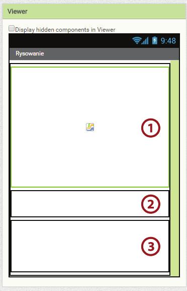 Po dodaniu dwóch komponentów HorizontalArrangement wróćmy do komponentu Canvas i ustawmy jego wysokość (Height) na Fill Parent.