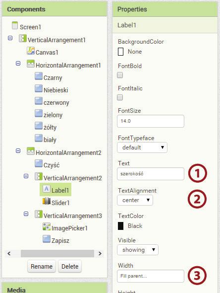 Rysowanie palcem po ekranie Scenariusz 3 Zajmijmy się teraz ustawieniem cech obu komponentów, które znajdują się w środku VerticalArrangement1, czyli Label1 oraz Slider1. Zacznijmy od Label1.