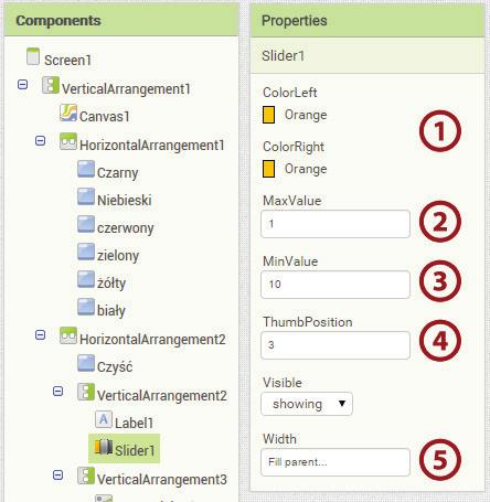 Następnie zaznaczmy Slider1 i tam ustawmy: - ColorLeft i ColorRight: Orange (1) - MaxValue: 1 (2) - MinValue: 10 (3) - ThumbPosition: 3 (4) - Width: Fill parent (5) Komponent Slider1 wykorzystamy do