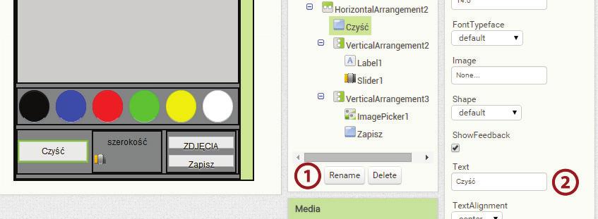 Teraz zajmijmy się elementem ImagePicker1. Tutaj musimy tylko zmienić wyświetlany tekst na ZDJĘCIA (1) oraz ustawić szerokość i wysokość na Fill Parent (2).