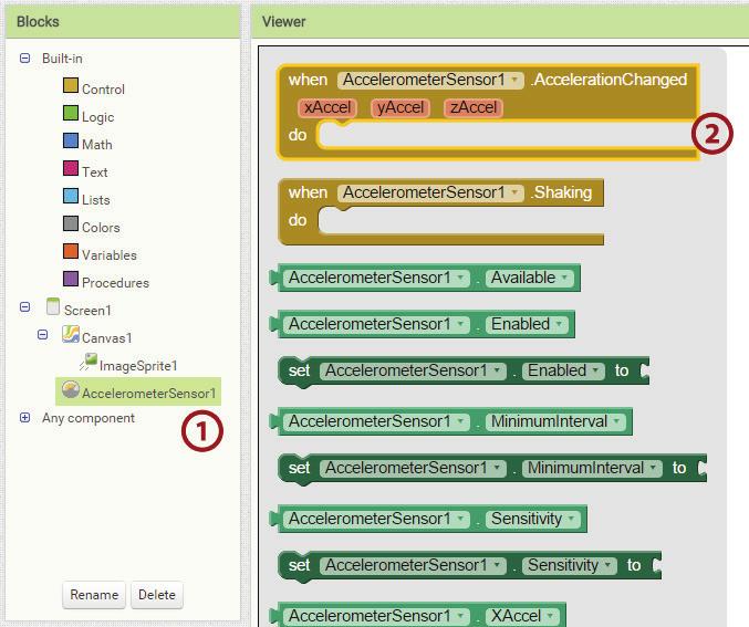 Spaceshooter Scenariusz 4 W oknie Blocks odnajdźmy komponent AccelerometerSensor1 (1). Po kliknięciu na niego otwarte zostanie okno z instrukcjami właściwymi dla tego komponentu.