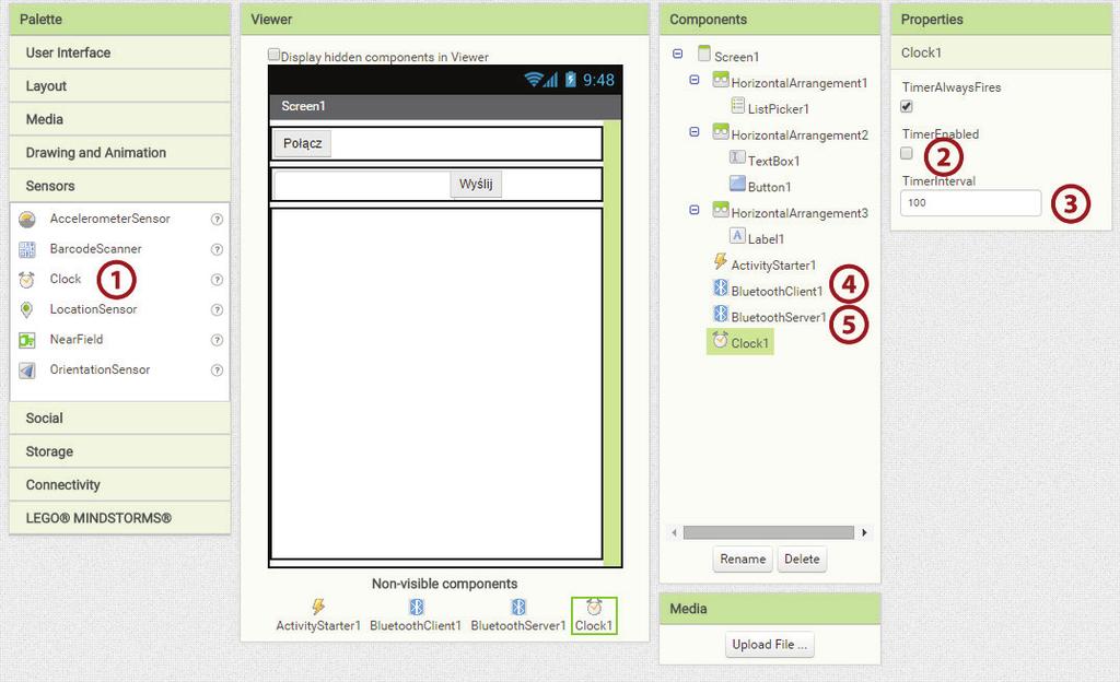Czat bluetooth Scenariusz 5 Ostatnim komponentem, jakiego potrzebujemy, jest Clock, czyli zegar - znajdziemy go w grupie Sensors.