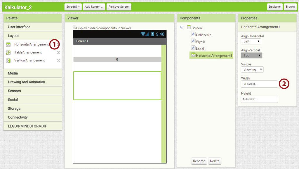 Kalkulator, część 2 Scenariusz 7 Poniżej etykiety Label1 dodajmy kolejny komponent, tym razem HorizontalArangement z grupy Layout (1).