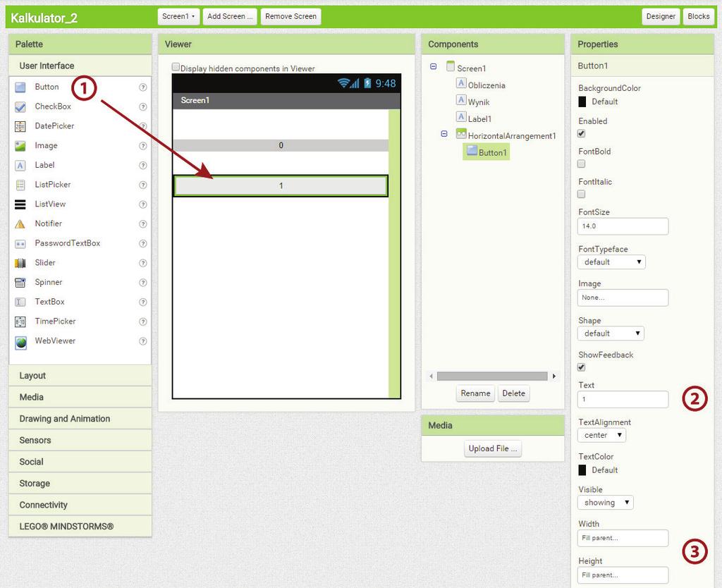 Kalkulator, część 2 Scenariusz 7 Teraz możemy dodać już pierwszy przycisk, czyli cyfrę 1. Z grupy User Interface przeciągamy do wnętrza dodanego wcześniej HorizontalArrangement1 element Button (1).