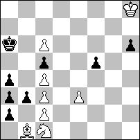 1.d6! (1.Ke5? h2! (1 G:c2? 2.d6 jak w grze głównej; 2.d6 h1h 3.Sf5+ K:g6 4.d7 Hh8+ -+) 1 G:c2+ (1 h2 2.d7 =) 2.Ke5! Ga4 (2 h2 3.d7 =) 3.Kf6 Sh4! (3 h2? 4.Se6 +-) 4.Sf5+! (4.Se6? S:g6 -+) 4 S:f5 5.