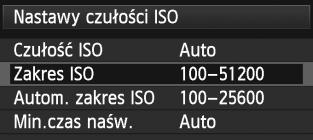 i: Ustawianie czułości ISO 3 Ustawianie zakresu czułości ISO Można ręcznie ustawić zakres czułość ISO (dolne i górne granice).