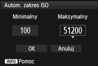 i: Ustawianie czułości ISO 3 Ustawianie zakresu czułości ISO dla trybu automatycznej czułości ISO W trybie automatycznej czułości ISO można ustawić zakres ISO w granicach 100 51200.