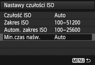 i: Ustawianie czułości ISO 3 Ustawianie minimalnego czasu naświetlania dla trybu automatycznej czułości ISO Po ustawieniu automatyki ISO, można ustawić minimalny czas naświetlania (w zakresie od