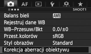 Korekcja jasności brzegów 1 2 3 Wybierz pozycję [Korekcja aberracji obiektywu]. Na karcie [z1] wybierz pozycję [Korekcja aberracji obiektywu], a następnie naciśnij przycisk <0>. Wybierz ustawienie.