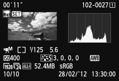 B: Wyświetlanie informacji o obrazie Informacje dotyczące filmów Czas nagrywania/odtwarzania, kod czasu Odtwarzanie Tryb fotografowania Wielkość nagrywanego filmu Czas naświetlania Przysłona Rozmiar