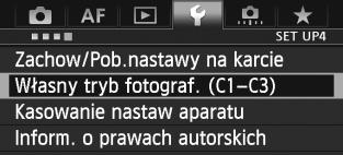 w: Rejestrowanie własnych trybów fotografowania Można zarejestrować ulubiony tryb fotografowania, ustawienia menu, ustawienia funkcji indywidualnych i inne bieżące ustawienia aparatu w postaci