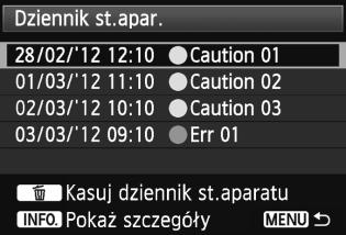 Można sprawdzić numer seryjny aparatu, wersję oprogramowania sprzętowego i liczbę cykli migawki.