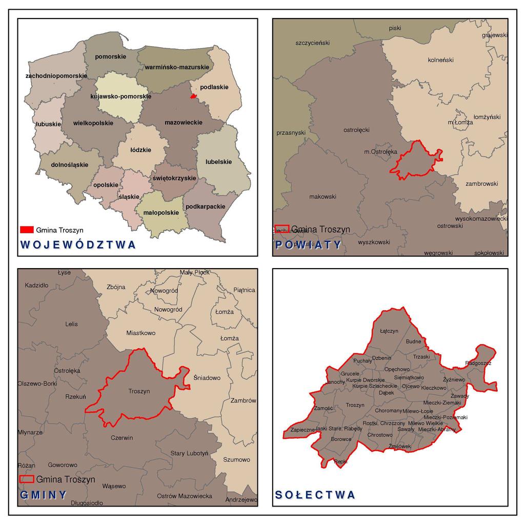 3. UWARUNKOWANIA WYNIKAJĄCE Z POŁOŻENIA GMINY Gmina Troszyn położona jest w północno-wschodniej części województwa mazowieckiego na pograniczu z województwem podlaskim (Ryc.1.).
