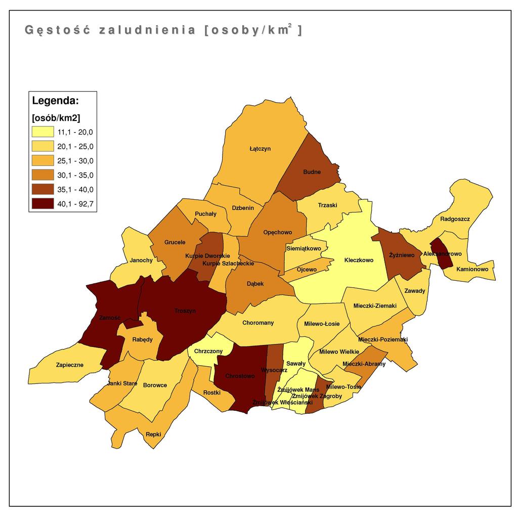 4.3. Struktura osadnicza W gminie Troszyn nie występują duże kompleksy leśne ani zbiorniki wodne, dzięki czemu sieć osadnicza jest rozmieszczona w miarę równomiernie.