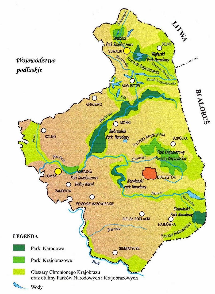 Formy ochrony przyrody w Województwie Podlaskim 4 parki narodowe, 3 parki krajobrazowe, 91 rezerwatów przyrody, 13 obszarów chronionego krajobrazu*, 246 użytków ekologicznych, 1 zespół