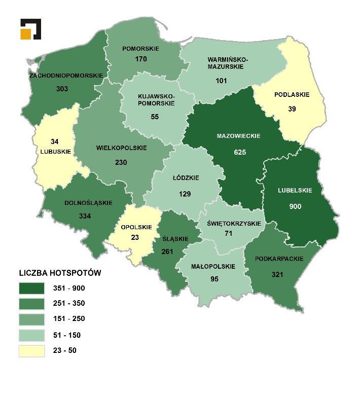 w miejscach publicznych; mapa 7.). W 2013 roku było ich jedynie 21, co plasowało region na jednym z ostatnich miejsc w Polsce. Dwa lata później województwo dolnośląskie zajęło 3. miejsce.