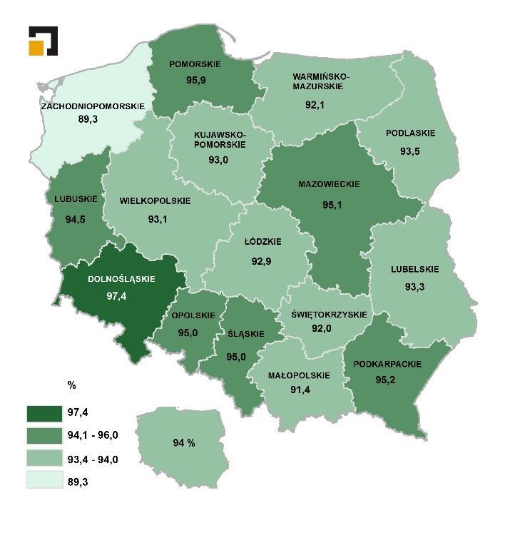 95,1% szerokopasmowego (mapa 8.). Wszystkie te wskaźniki były nieznacznie wyższe niż średnia w Polsce. MAPA 9.