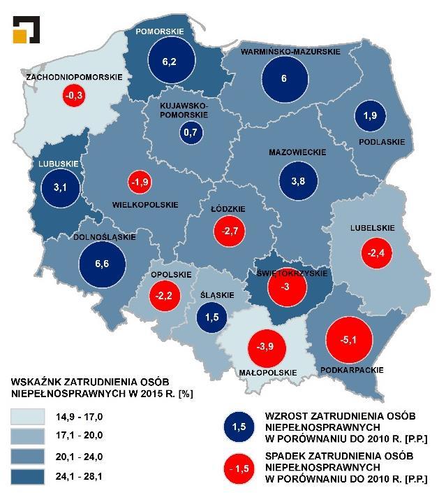 podstawie danych GUS. MAPA 11. STOPA BEZROBOCIA REJESTROWANEGO ORAZ JEJ ZMIANA W WOJEWÓDZTWACH W 2015 ROKU. MAPA 12. WSKAŹNIK ZATRUDNIENIA OSÓB NIEPEŁNOSPRAWNYCH W REGIONACH POLSKI W 2015 ROKU.