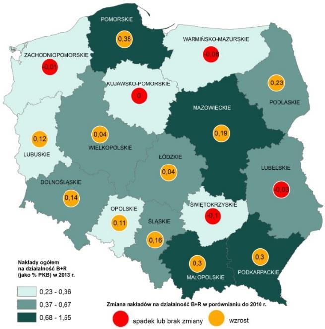 MAPA 1. NAKŁADY NA DZIAŁALNOŚĆ BADAWCZĄ I ROZWOJOWĄ JAKO % PKB W POLSCE WG WOJEWÓDZTW W 2013 R. WYKRES 1.