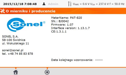 3.3.8 Dane na temat miernika i producenta Kliknąć przycisk Konfiguracja miernika. Kliknąć przycisk O mierniku i producencie. Okno danych miernika oraz producenta. 3.3.9 Serwis Ta funkcja jest dostępna wyłącznie dla serwisu fabrycznego i chroniona hasłem.