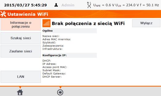 Aby uzyskać informacje o lokalnych aktywnych sieciach WiFi, kliknąć przycisk Szukaj sieci. Została odnaleziona sieć wymagająca hasła.