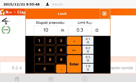 długość przewodu PE - przy pomocy klawiatury lub górną granicę (limit górny) rezystancji R PE - przy pomocy klawiatury lub wybrać jedną z wartości zdefiniowanych, metodę