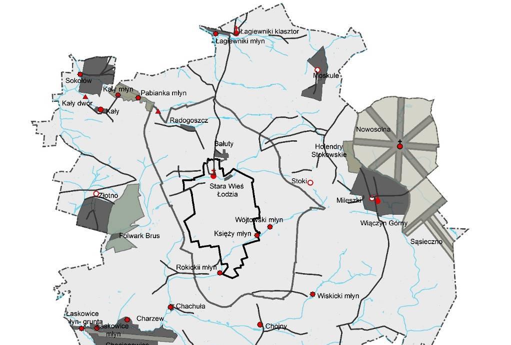 TOPIARIUS Studia krajobrazowe Wydanie monograficzne Tom 1/2016 Ryc 2. Czytelne ślady historycznego osadnictwa ruralistycznego w planie współczesnego miasta.