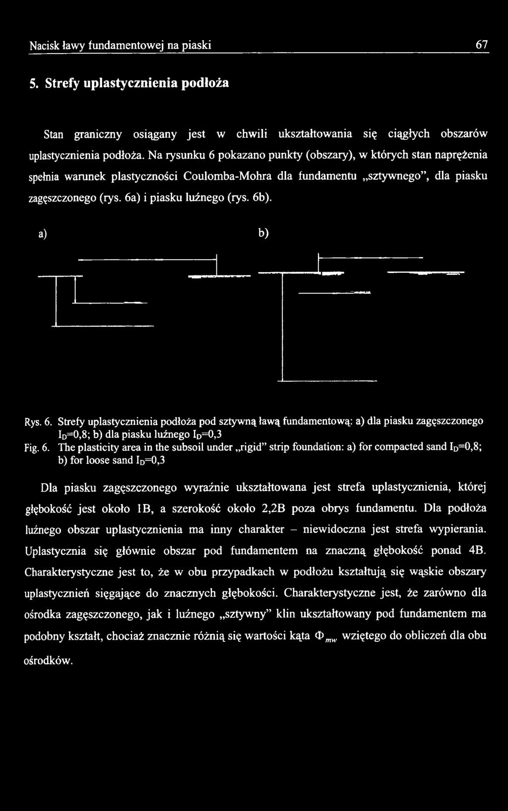 The plasticity area in the subsoil under rigid strip foundation: a) for compacted sand Id=0,8; b) for loose sand Id=0,3 Dla piasku zagęszczonego wyraźnie ukształtowana jest strefa uplastycznienia,