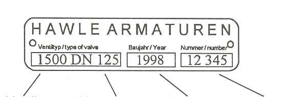 Przykładowe dane zamieszczone na tabliczce znamionowej Przykładowa tabliczka znamionowa typ zaworu średnica nominalna rok budowy nr serii Po oddaniu do eksploatacji, prosimy o naniesienie